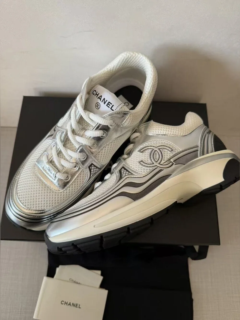 Chanel White & Silver Mesh Runner Sneakers